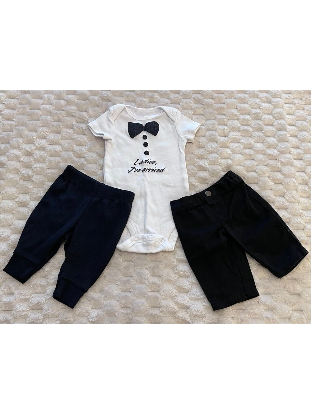 Newborn Boy Coming Home Outfit; Faux Tuxedo Onesie & 2 Pants Set; 3-piece Set